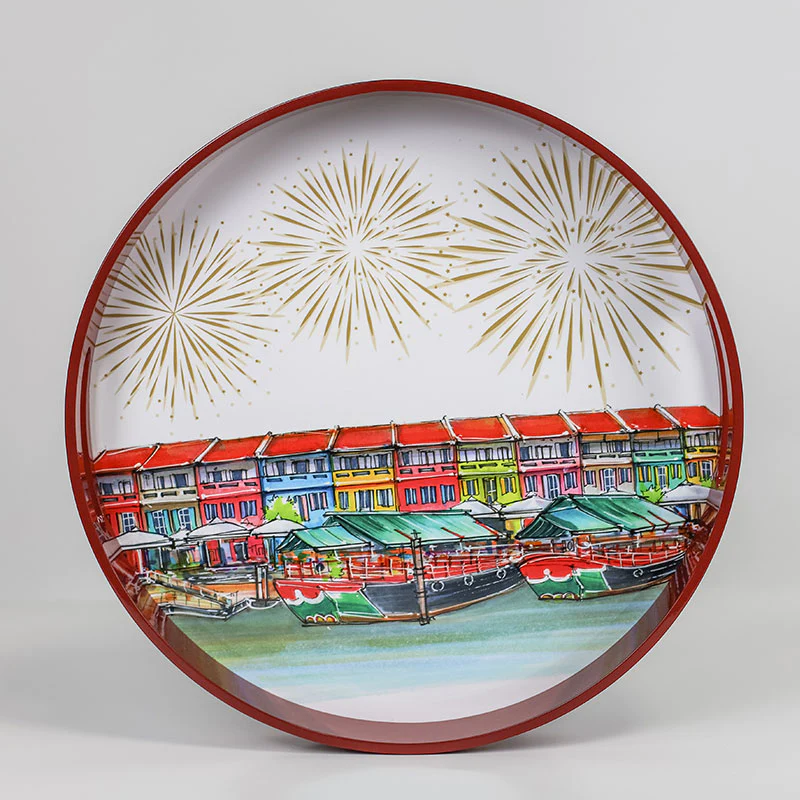 Singapore Themed Lacquer Round Tray - Clarke Quay
