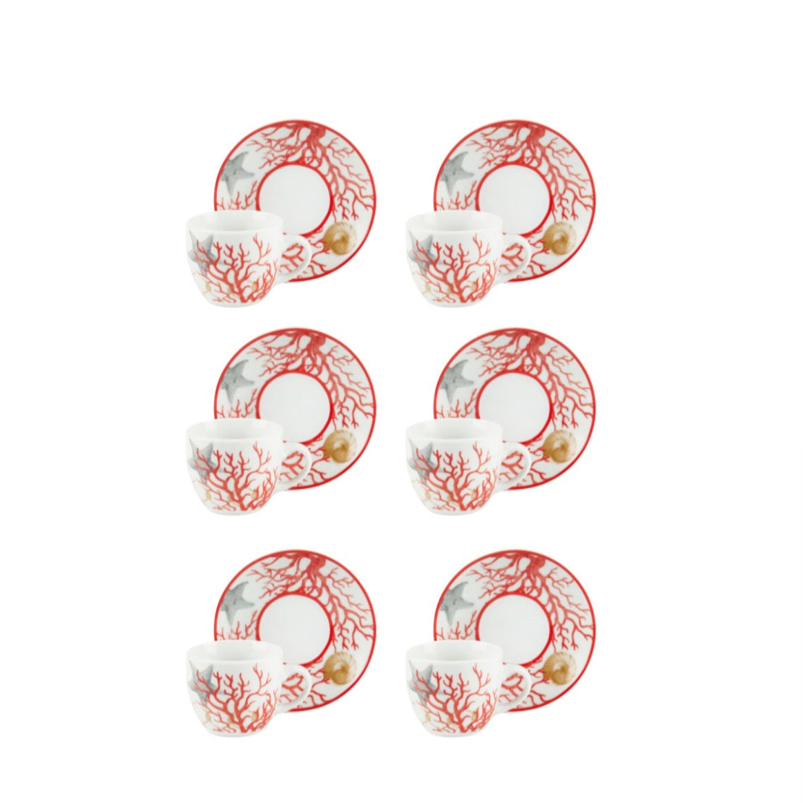 Coral Set of 6 Coffee Cups with Saucers