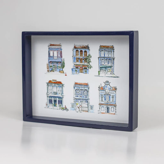 Singapore Themed Navy Lacquer Trinket Tray - Blue Shophouses