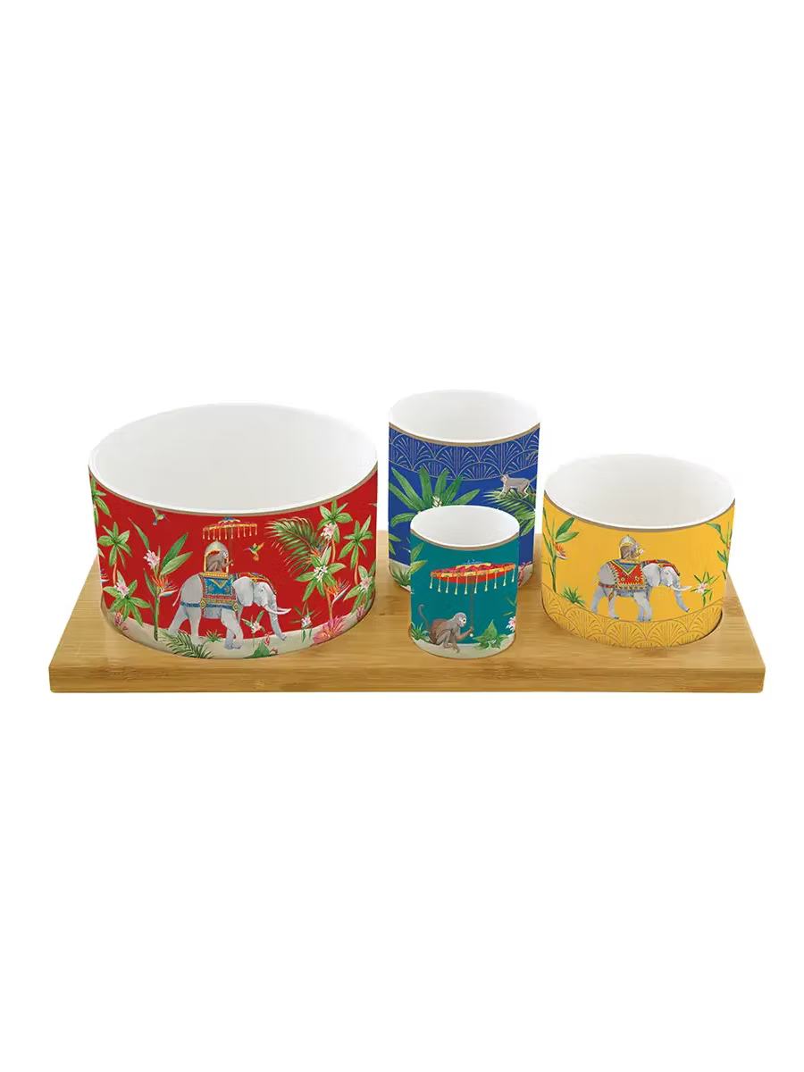 Appetizer Set with Four Round Bowls on Acacia Tray Marajah