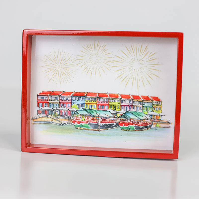 Singapore Themed Red Lacquer Trinket Tray - Clarke Quay