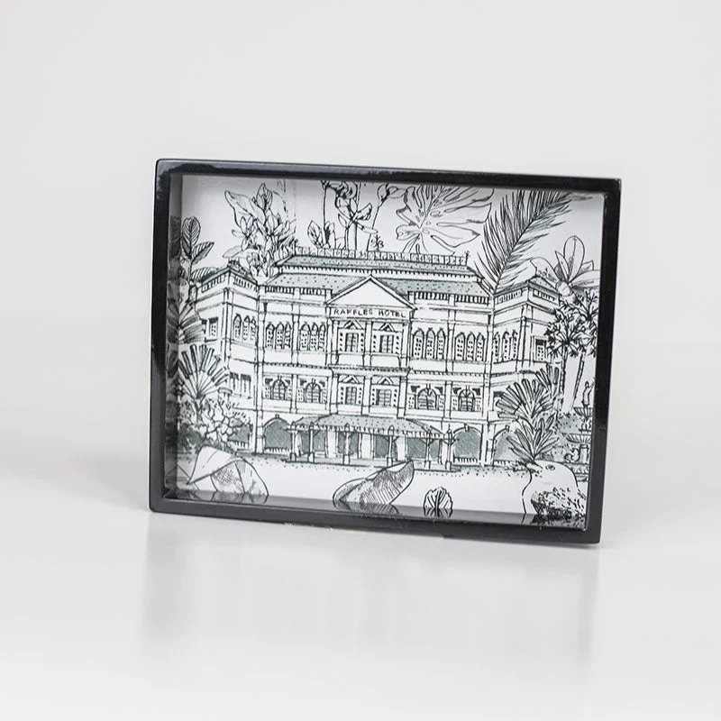 Singapore Themed Black Lacquer Trinket Tray - Raffles Hotel