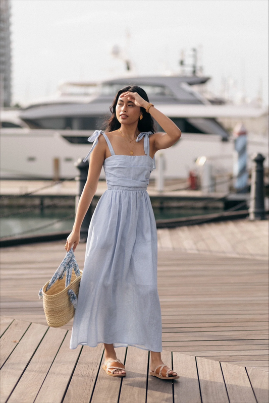 Classic Linen Maxi Dress in Blue and White Pinstripe