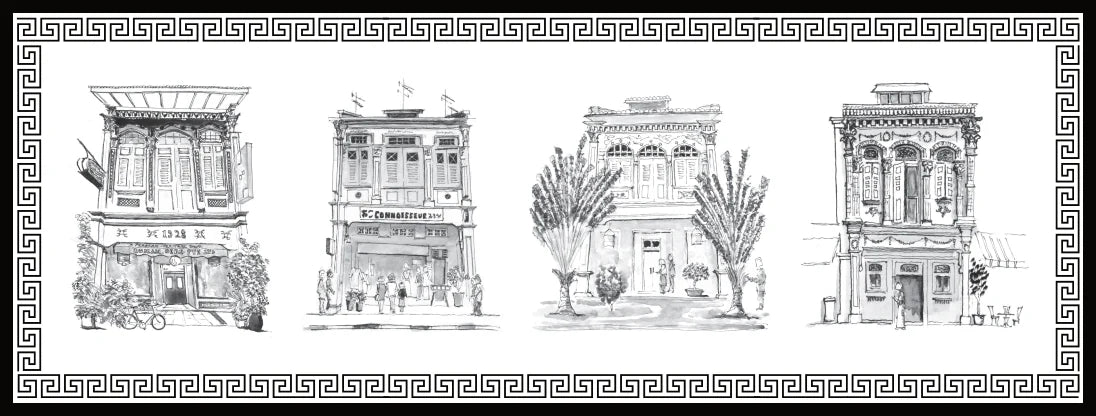 Black Oblong Lacquer Tray - Black & White Shophouses