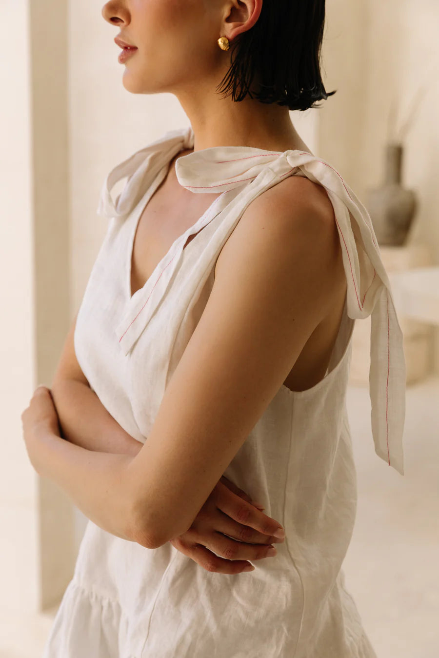 Classic Linen Ribbon Shoulder Tie Dress in White