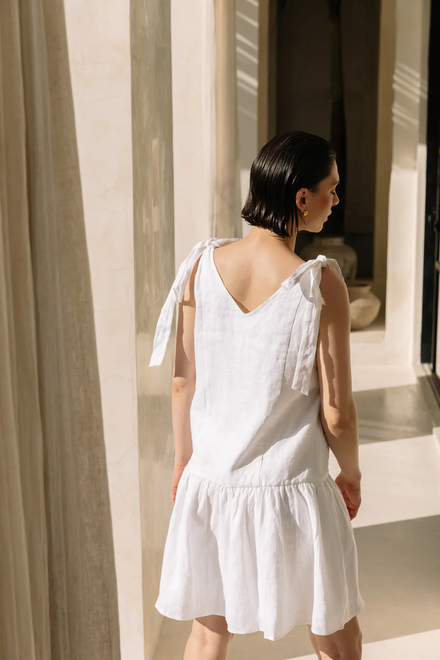 Classic Linen Ribbon Shoulder Tie Dress