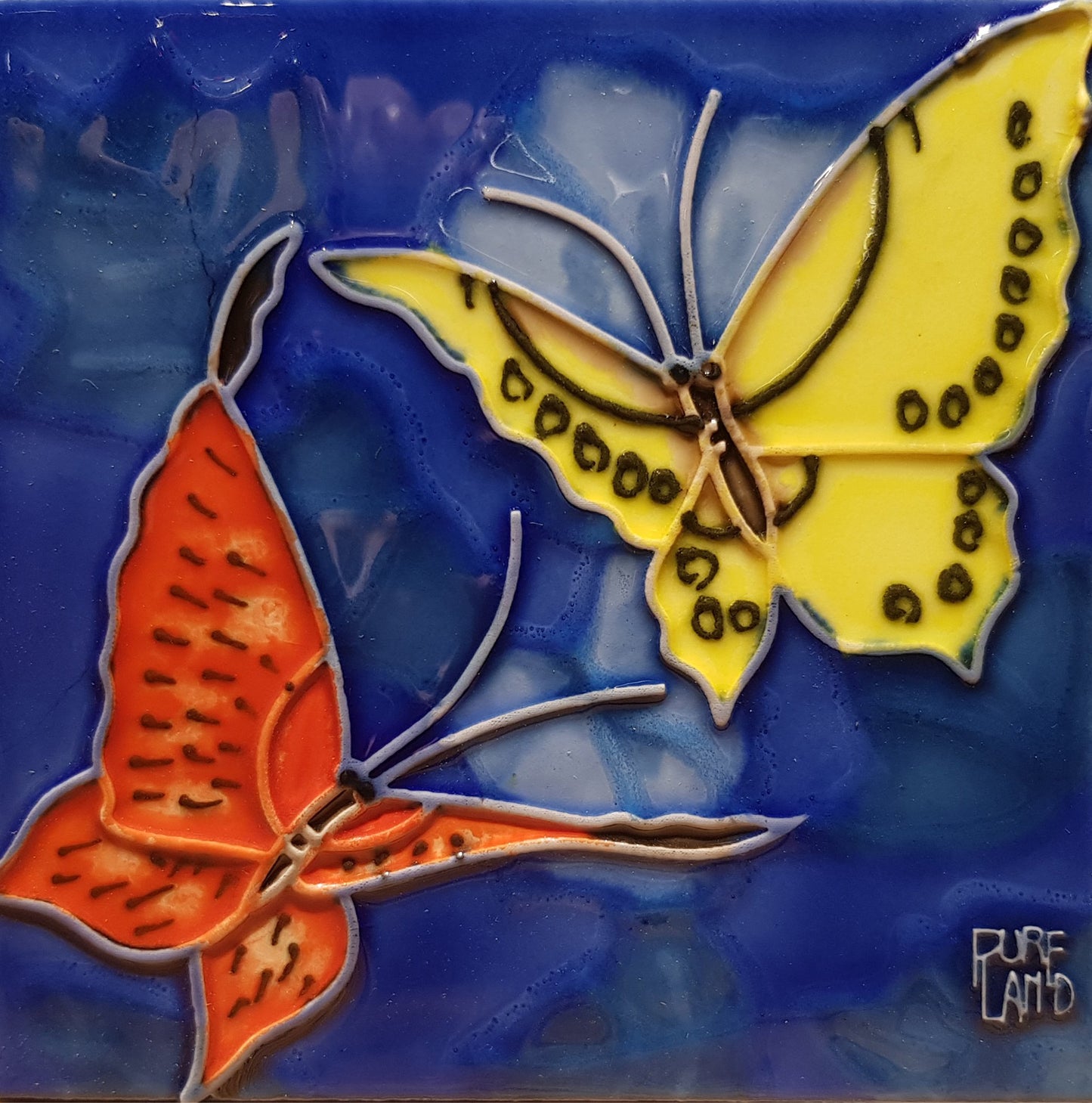 1038 Duo Butterflies with Blue Base 10cm x 10cm Pureland Ceramic Tile