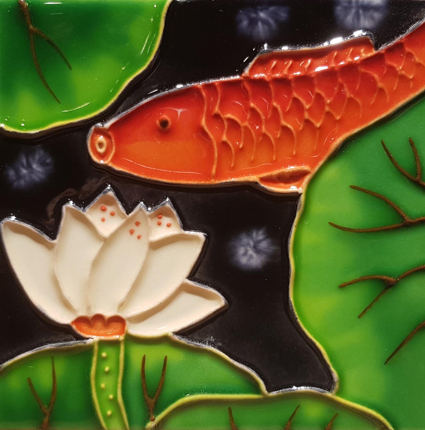 1081 Lotus with Carp Left Profile 1 10cm x 10cm Pureland Ceramic Tile