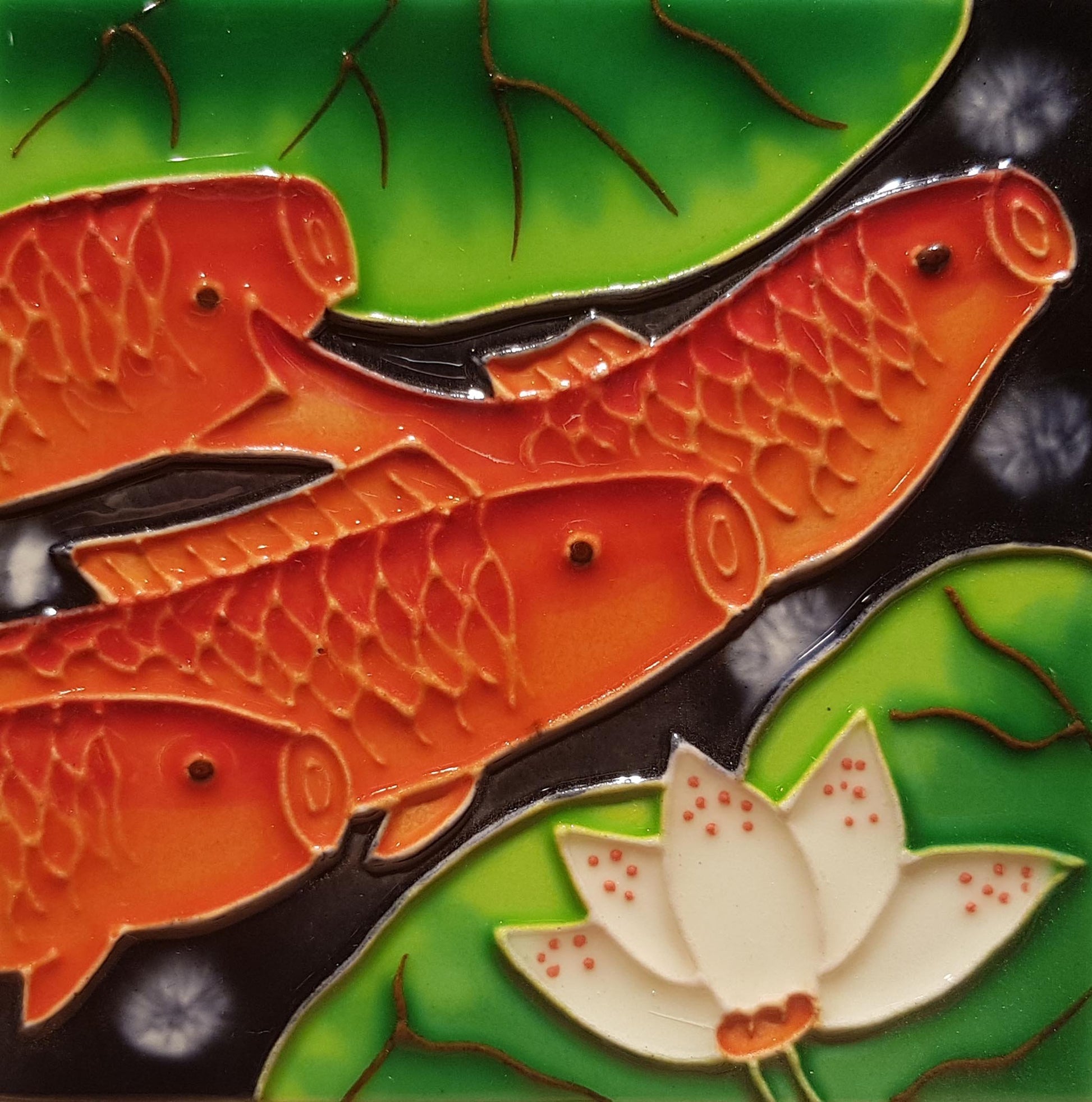 1088 Lotus with Carp Right Profile 4 10cm x 10cm Pureland Ceramic Tile