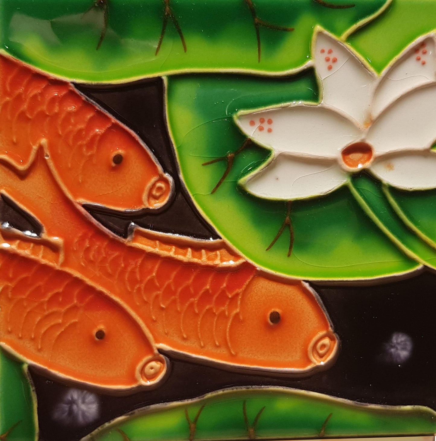 1090 Lotus with Carp Left Profile 3 10cm x 10cm Pureland Ceramic Tile