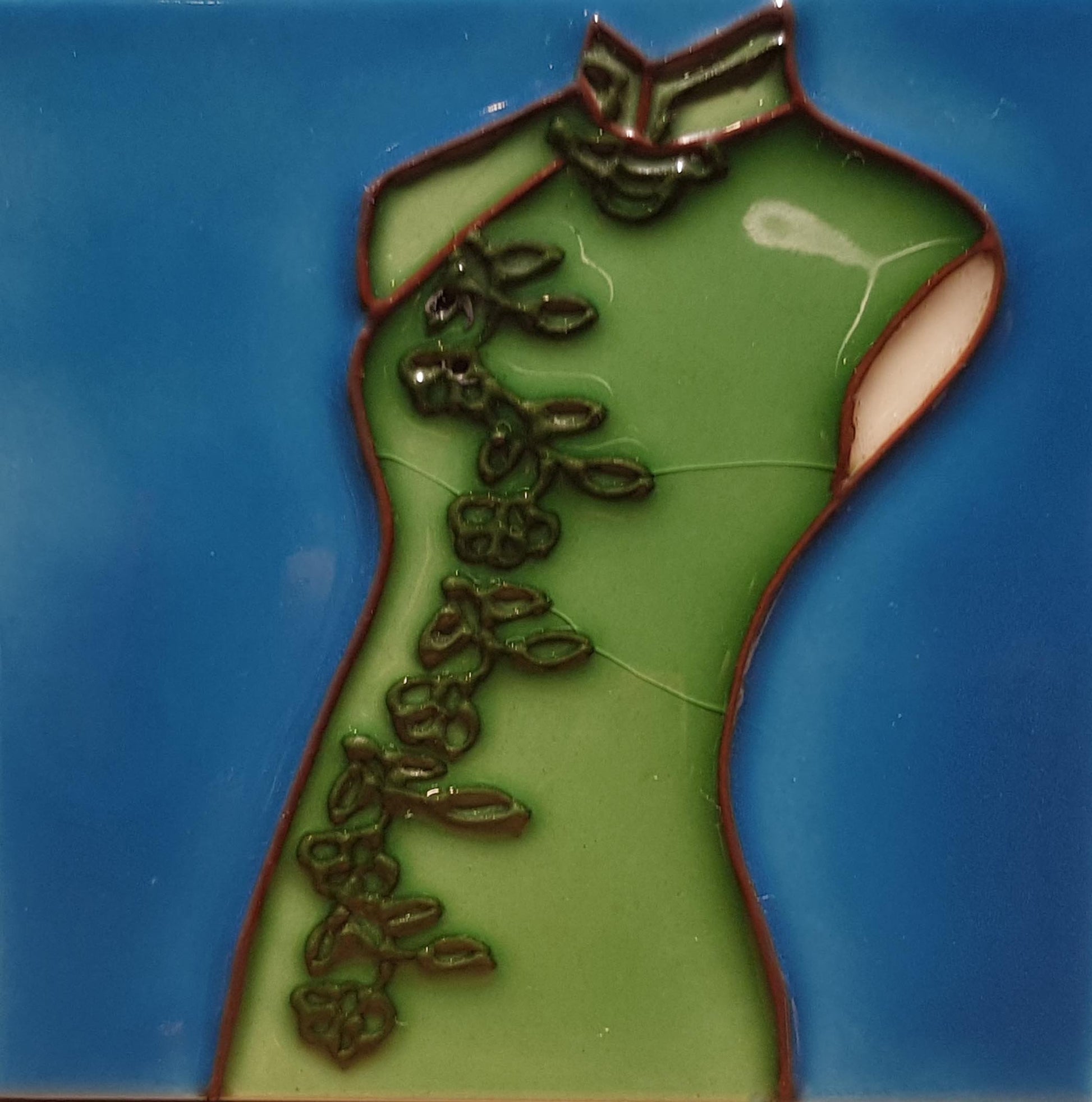 1872 Qipao with Green Flower Print 10cm x 10cm Pureland Ceramic Tile