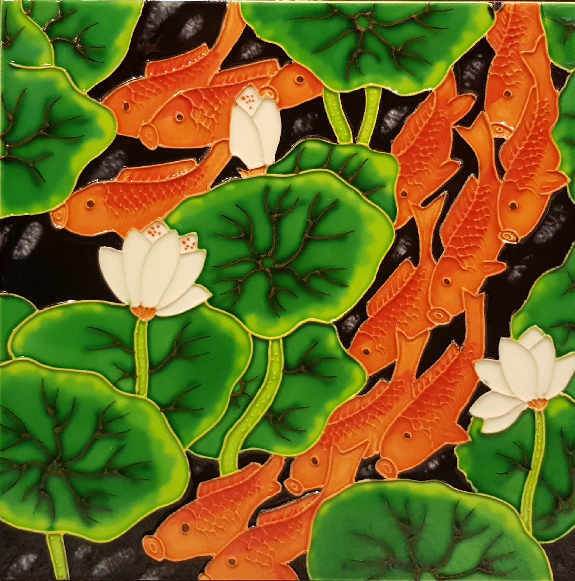 2003 Koi with Lotus 20cm x 20cm Pureland Ceramic Tile