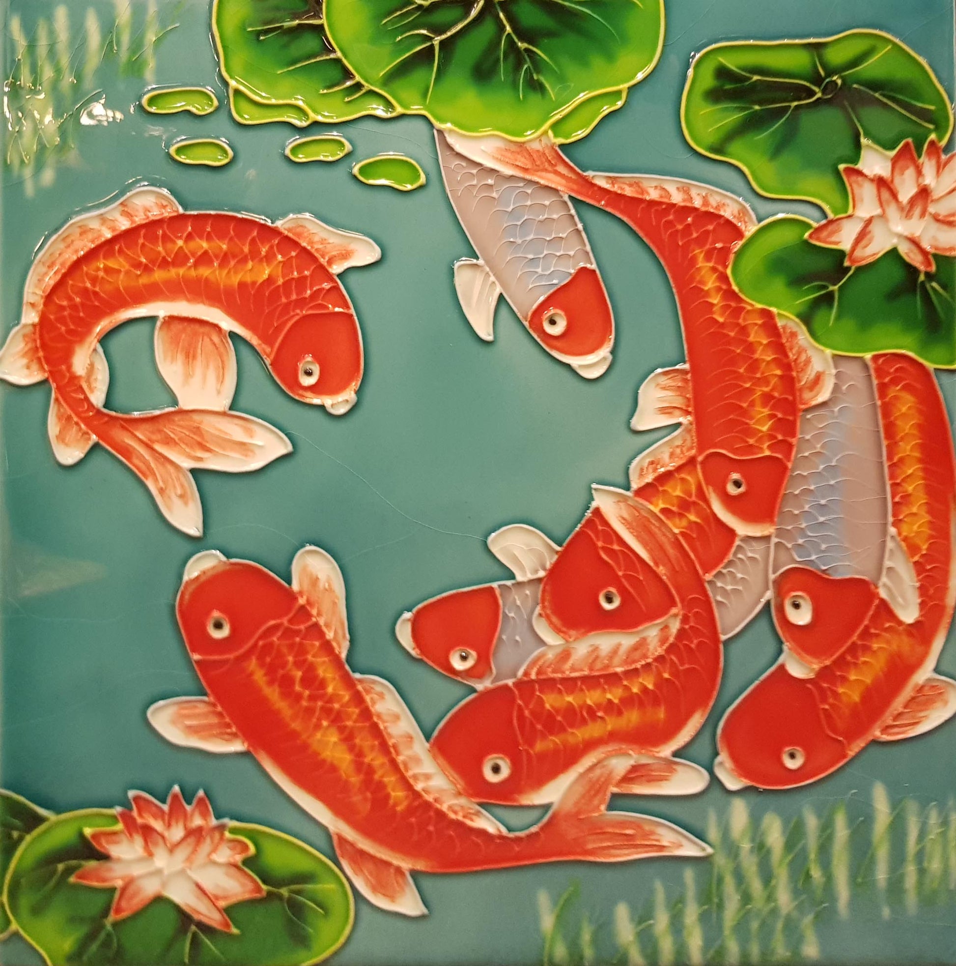 2012 Koi with Green Background 20cm x 20cm Pureland Ceramic Tile