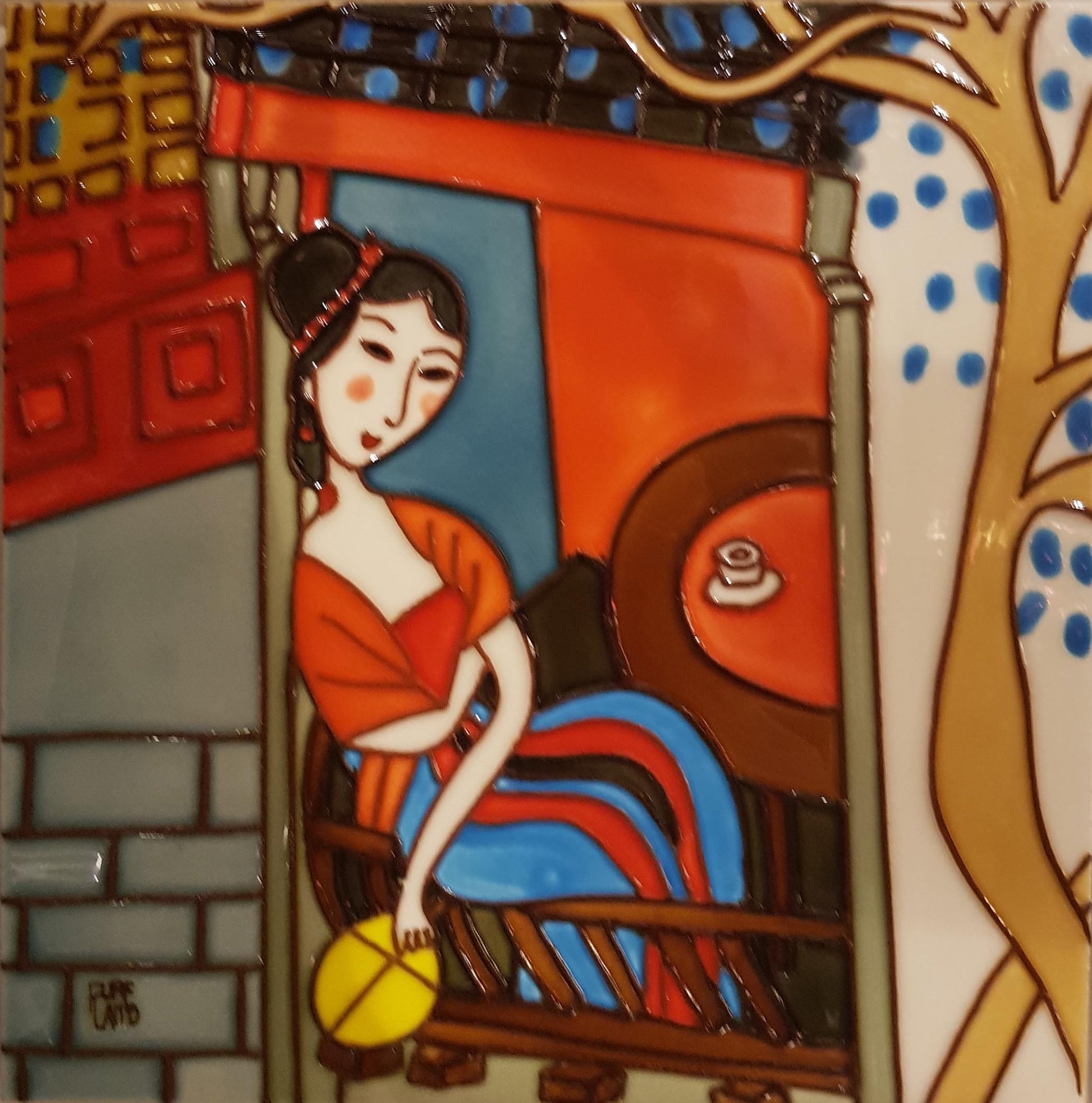 2108 Beauty with Yellow Fan 20cm x 20cm Pureland Ceramic Tile