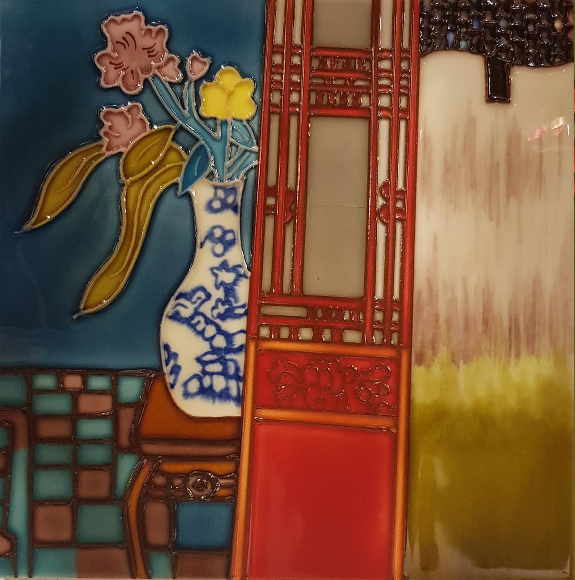 2131 Orchid and Red Door 20cm x 20cm Pureland Ceramic Tile