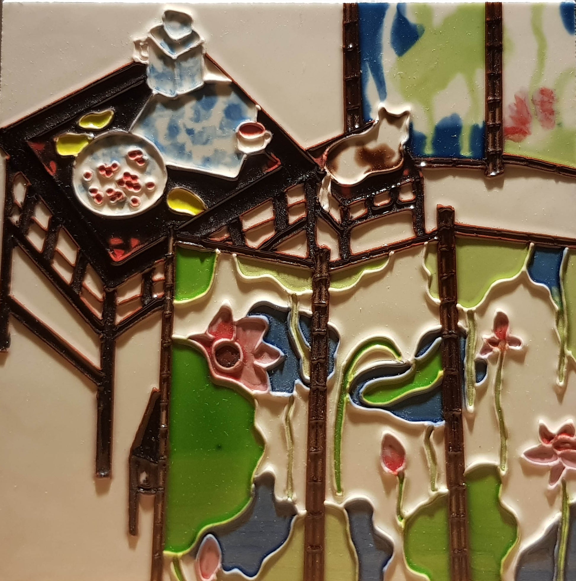 2132 Green Lotus Screen 20cm x 20cm Pureland Ceramic Tile