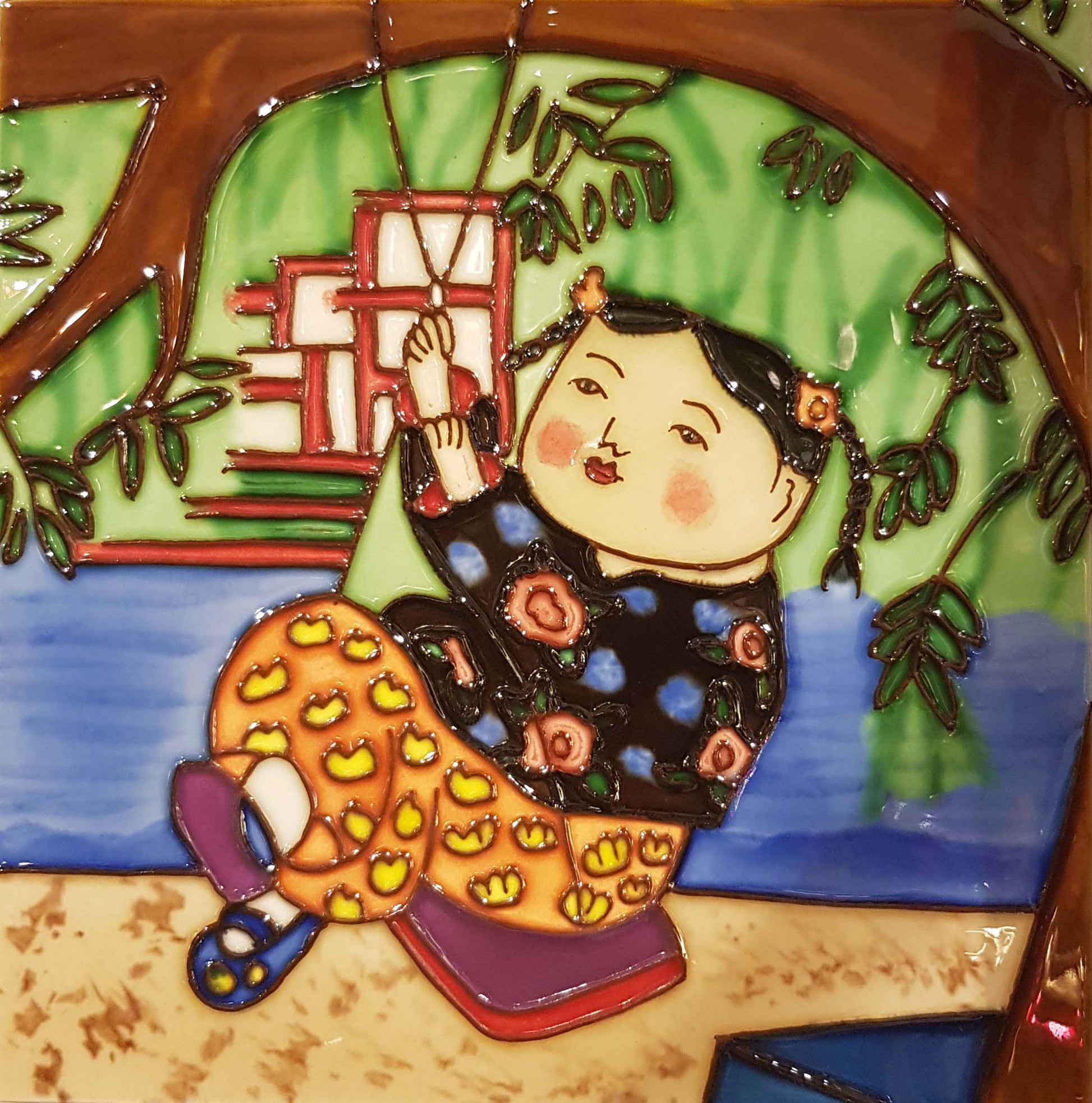2192 Girl on Swing 20cm x 20cm Pureland Ceramic Tile