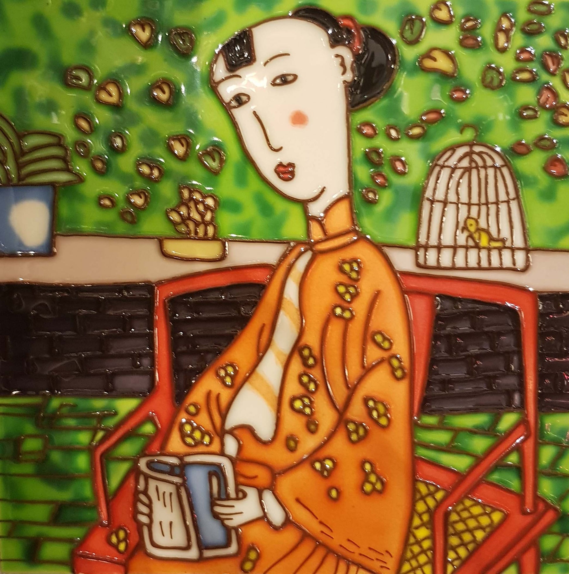 2206 Girl in Red Dress 20cm x 20cm Pureland Ceramic Tile