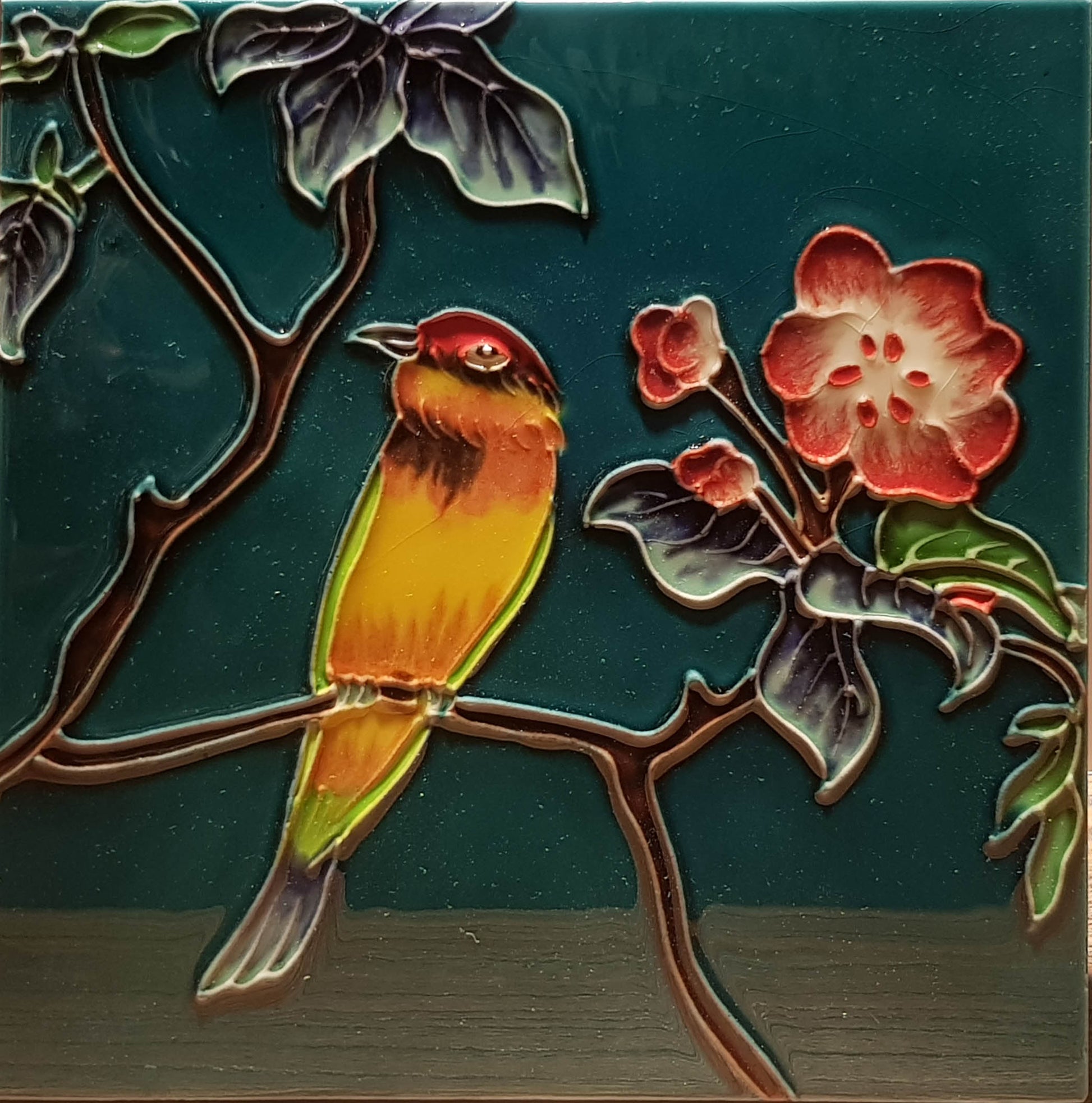 2295 Hibiscus and Bird 20cm x 20cm Pureland Ceramic Tile