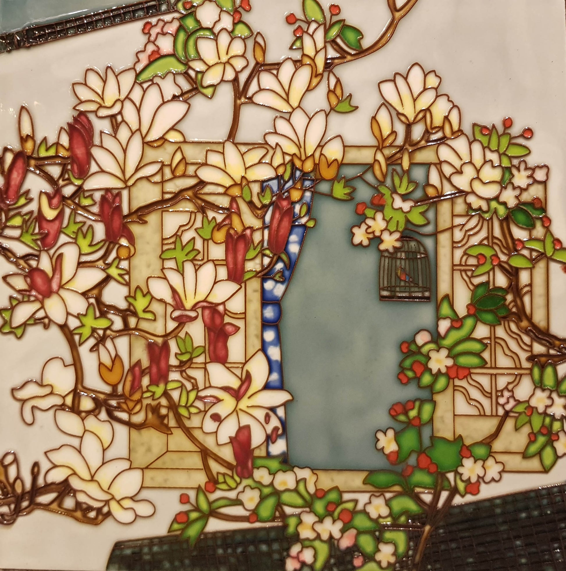 3538 Purple Magnolia and Bird Cage 30cm x 30cm Pureland Ceramic Tile