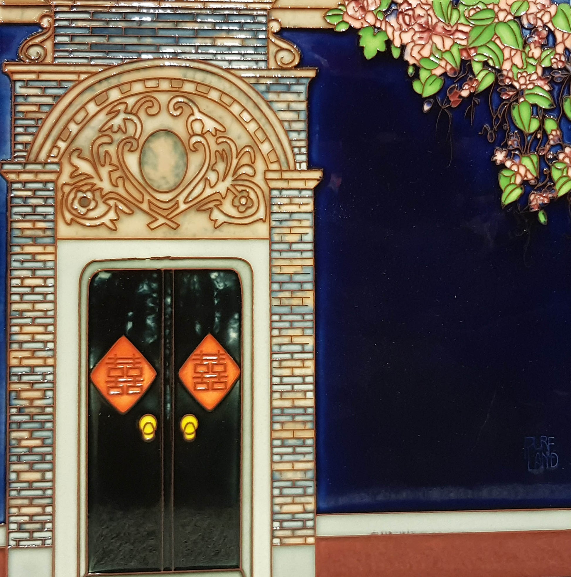 3542 Stone Vault Door with Red Flowers 30cm x 30cm Pureland Ceramic Tile