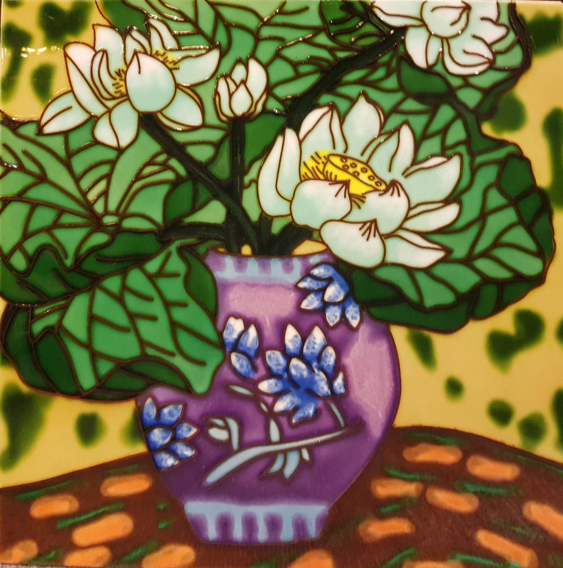 3553 Green Leaf with White Lotus 30cm x 30cm Pureland Ceramic Tile