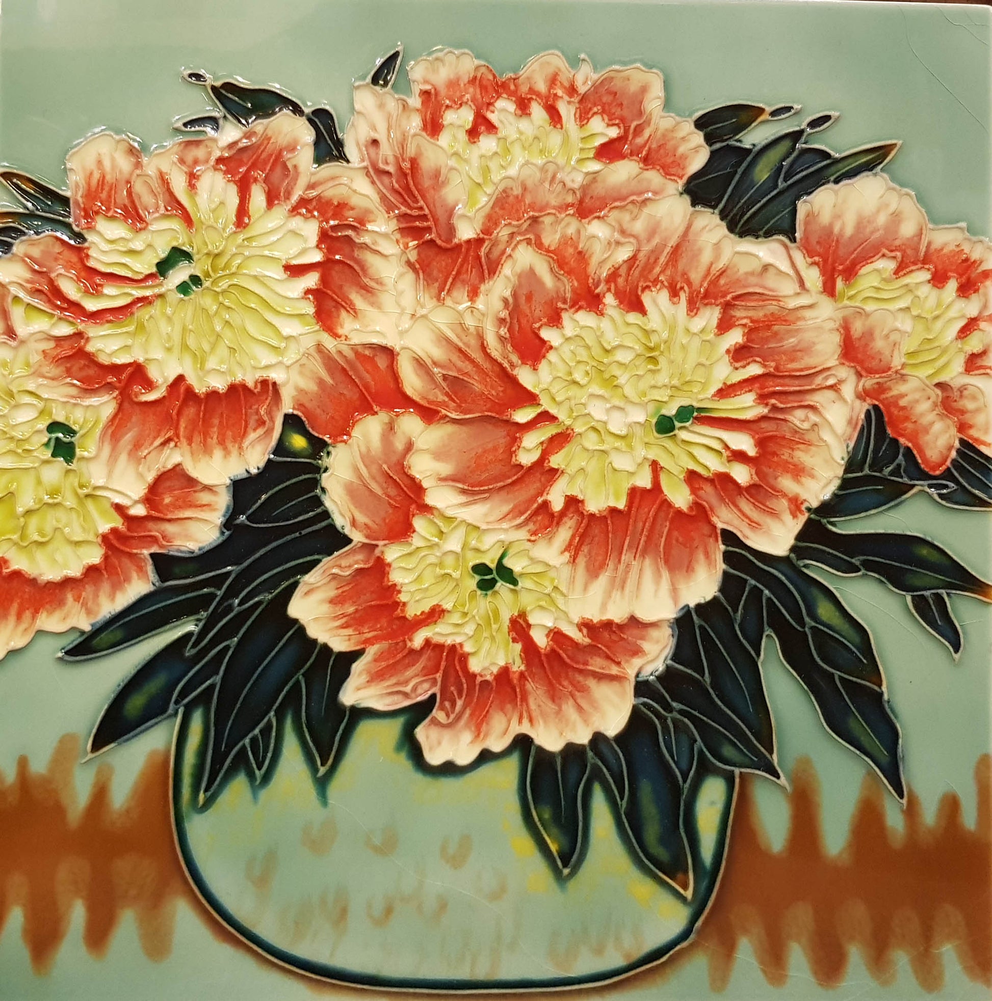 3565 Green Vase and Peony 30cm x 30cm Pureland Ceramic Tile