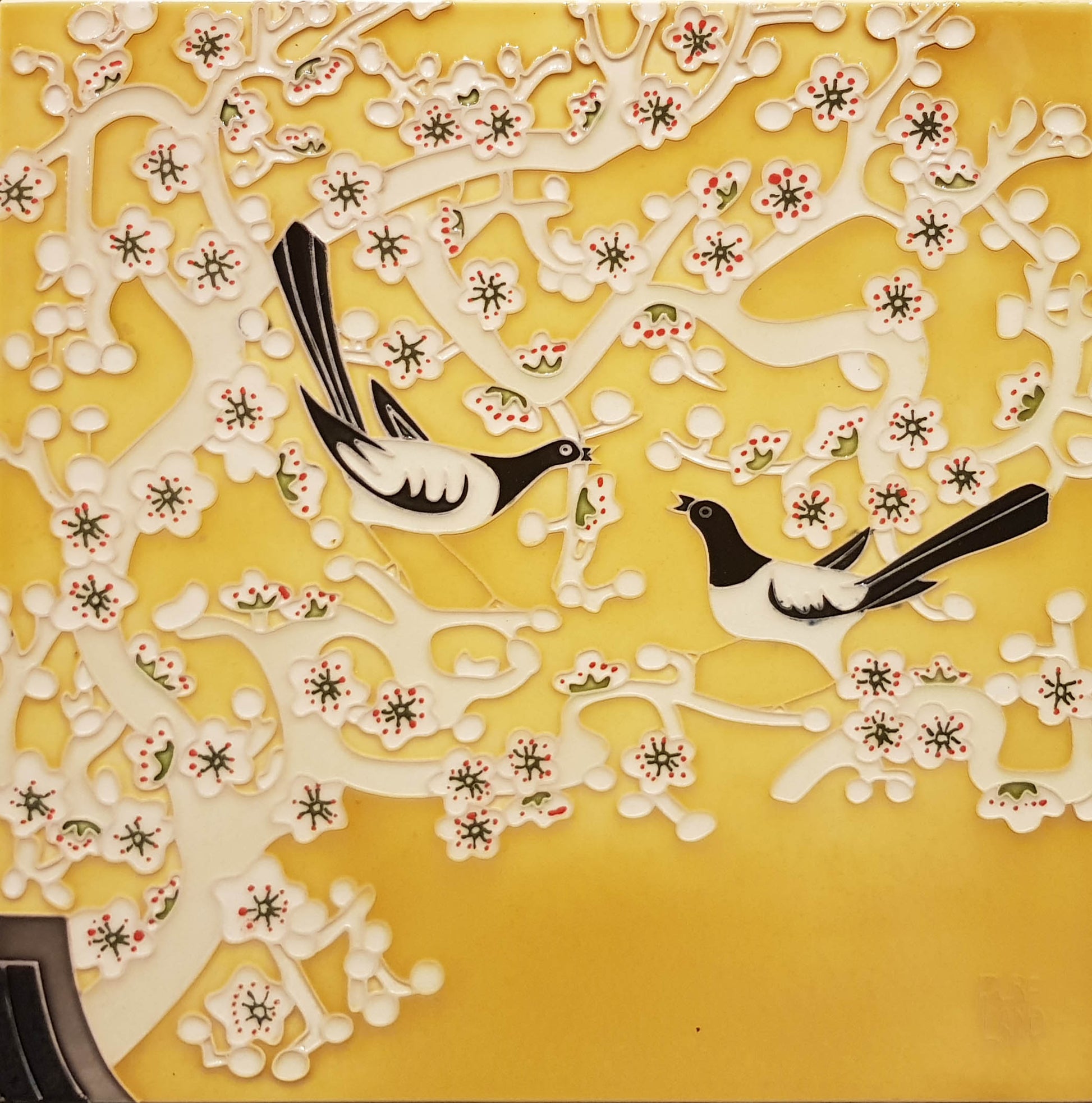 3815 Magpie with Yellow Background 30cm x 30cm Pureland Ceramic Tile