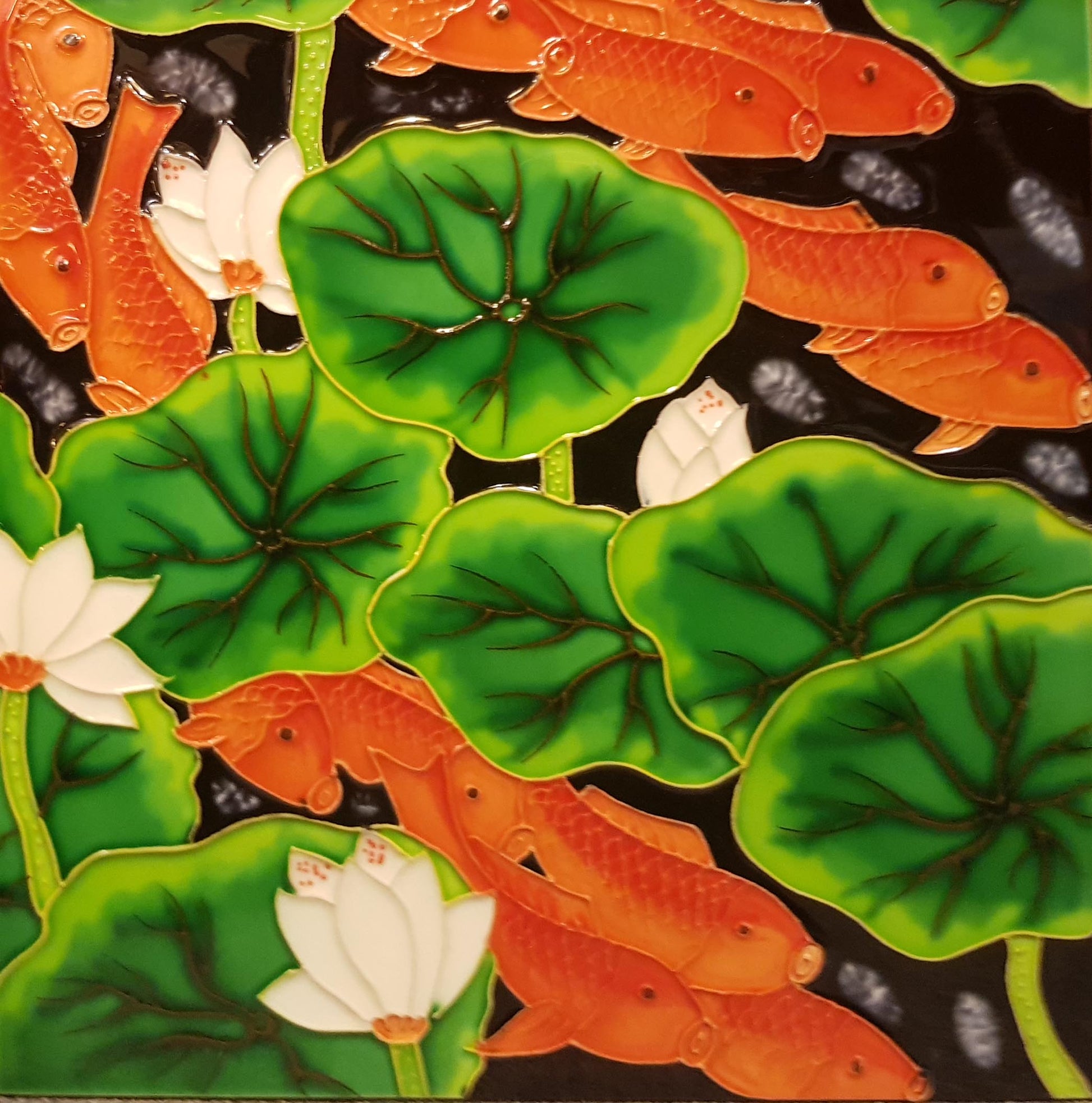 3823 Lotus Flower and Koi 30cm x 30cm Pureland Ceramic Tile
