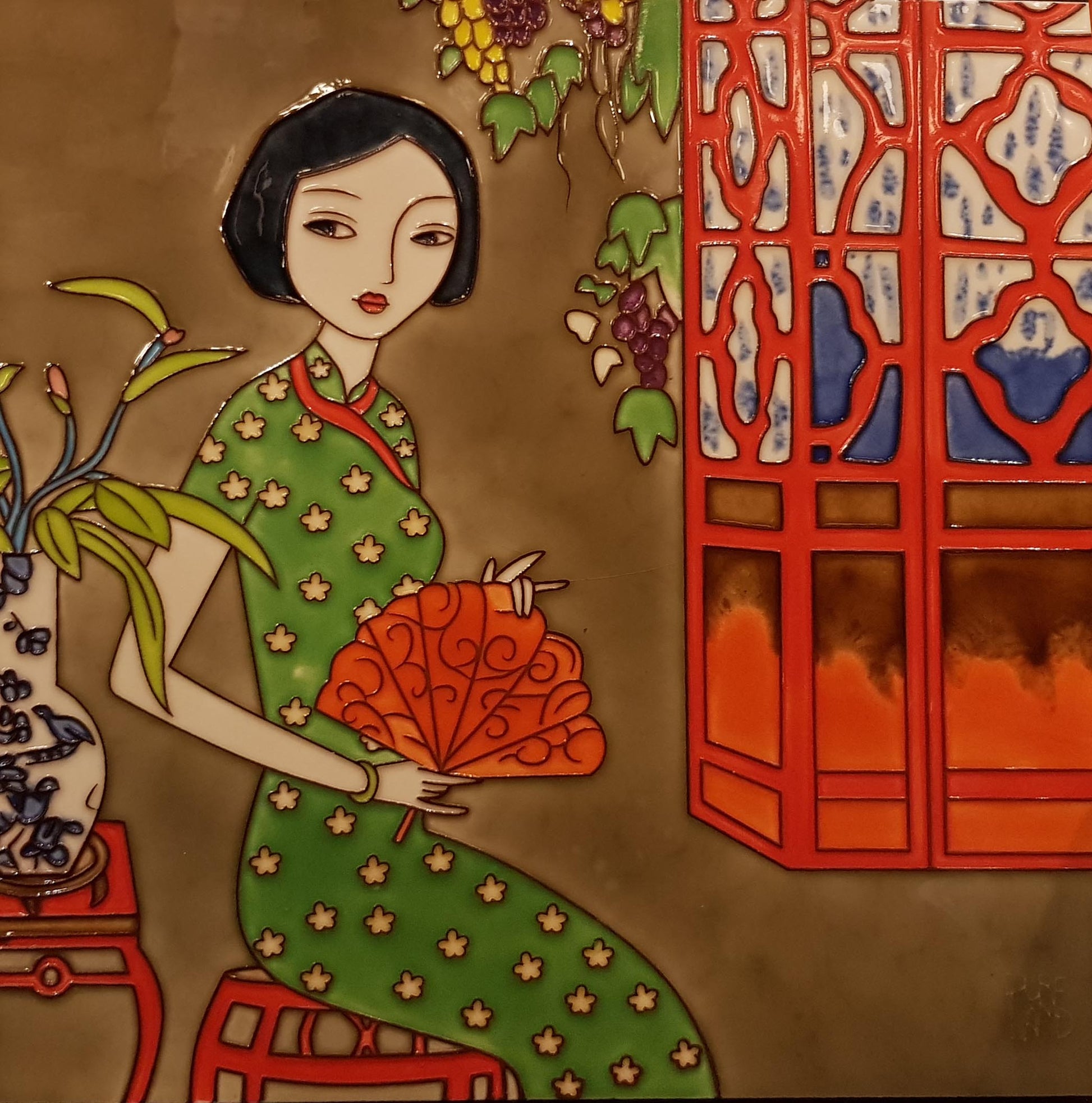 3847 Qipao and Fan (Collector's Edition) 30cm x 30cm Pureland Ceramic Tile