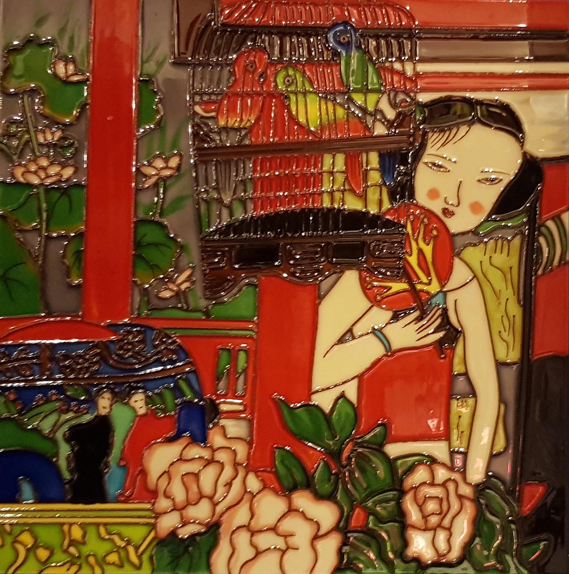 3990 Young Girl with Fan 30cm x 30cm Pureland Ceramic Tile