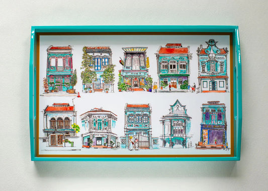 Singapore Themed Lacquer Trays - Turquoise Shophouses