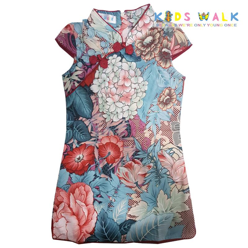 YM-37 BLUE FLORA PRINT KIDS CHEONGSAM