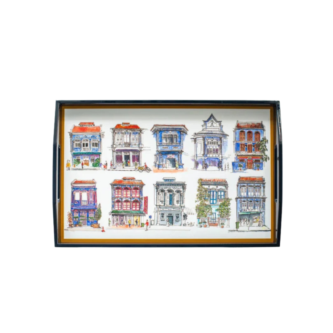 Singapore Themed Lacquer Trays - Blue Shophouses