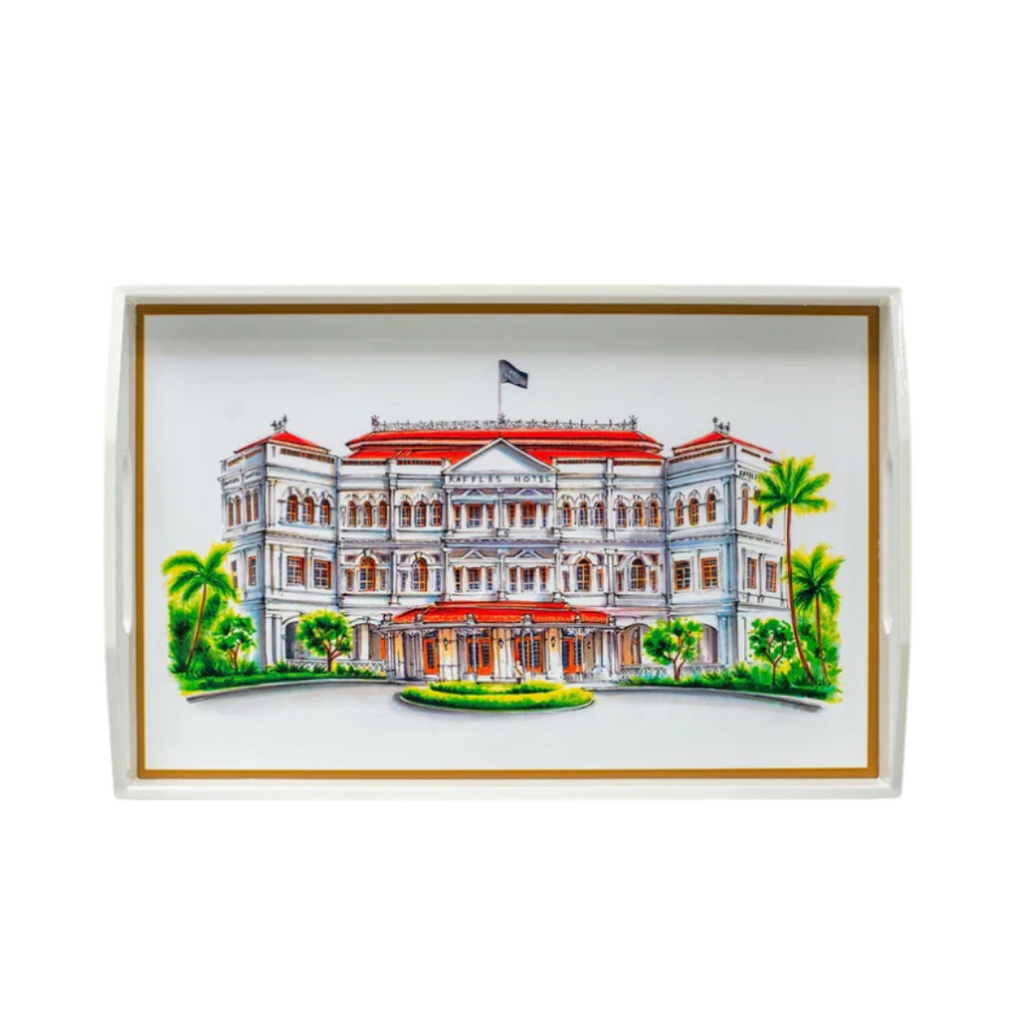 Singapore Themed Lacquer Trays - White Raffles Hotel