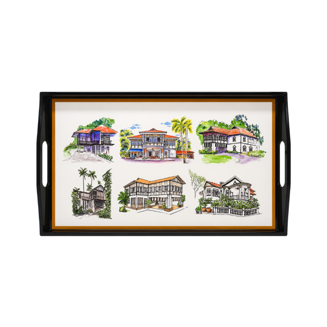 Singapore Themed Black Lacquer Tray - Black & White Houses