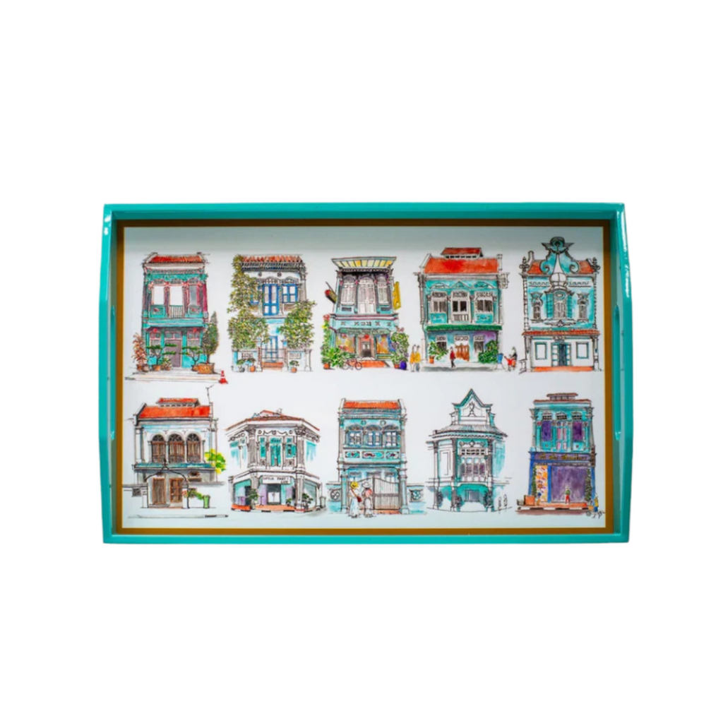 Singapore Themed Lacquer Trays - Turquoise Shophouses