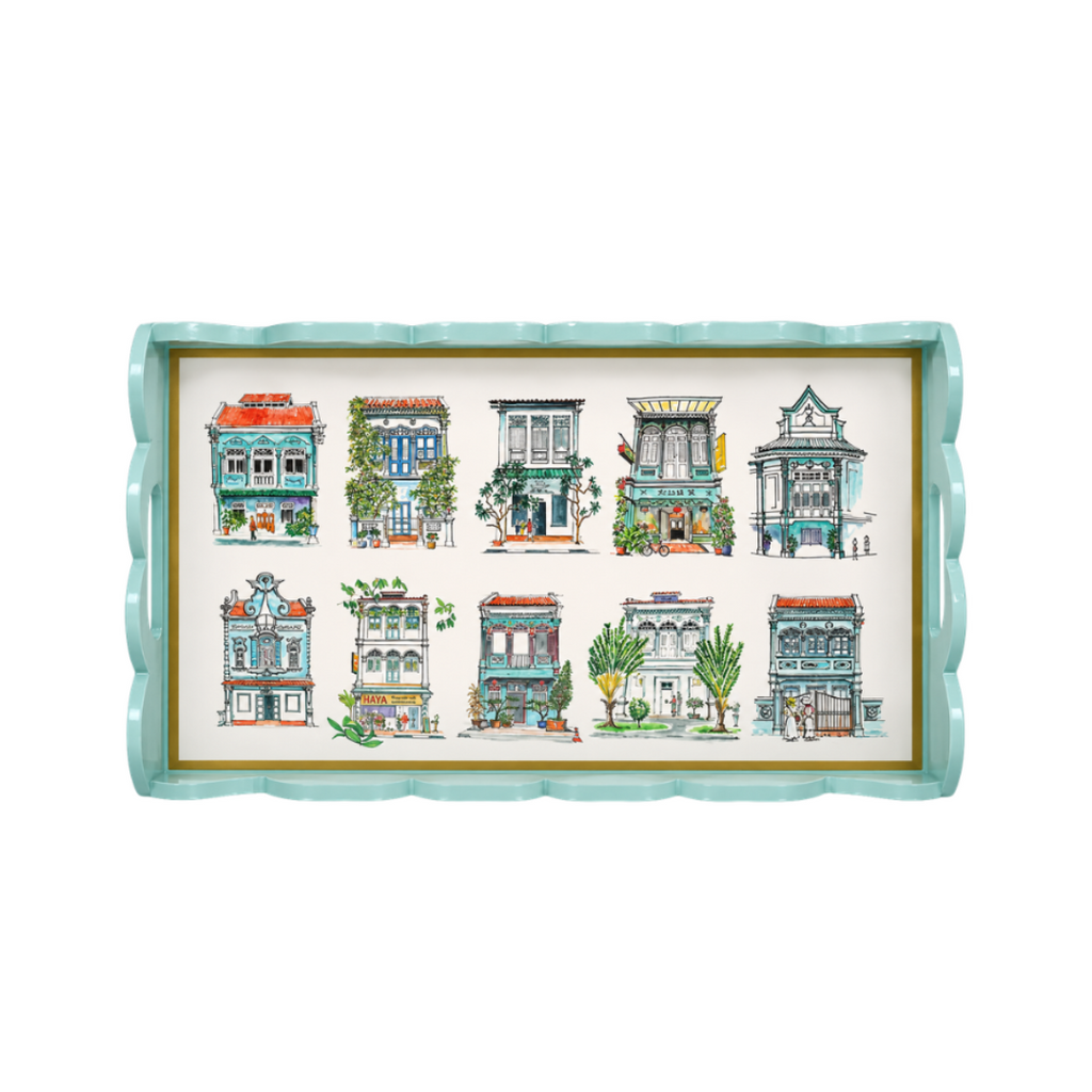 Singapore Themed Turquoise Scallop Lacquer Tray - Turquoise Shophouses