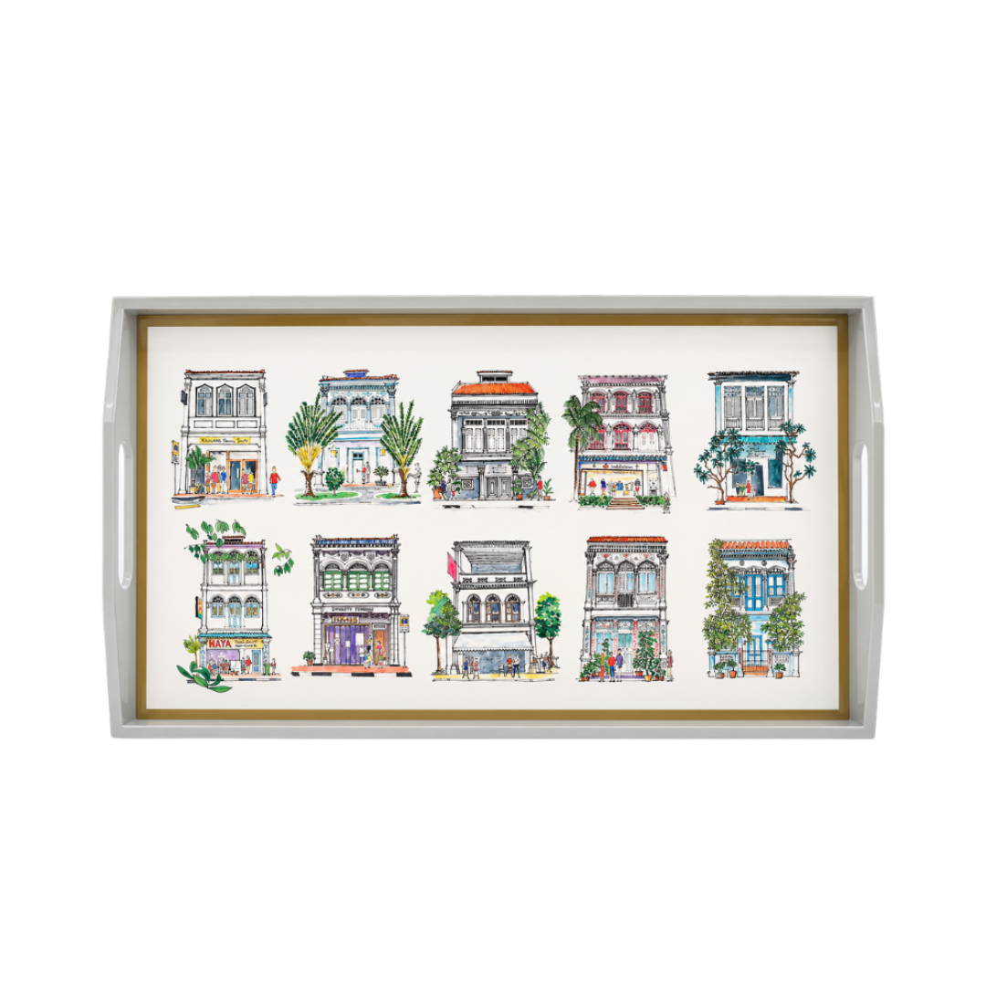Singapore Themed Lacquer Trays - Grey Shophouses