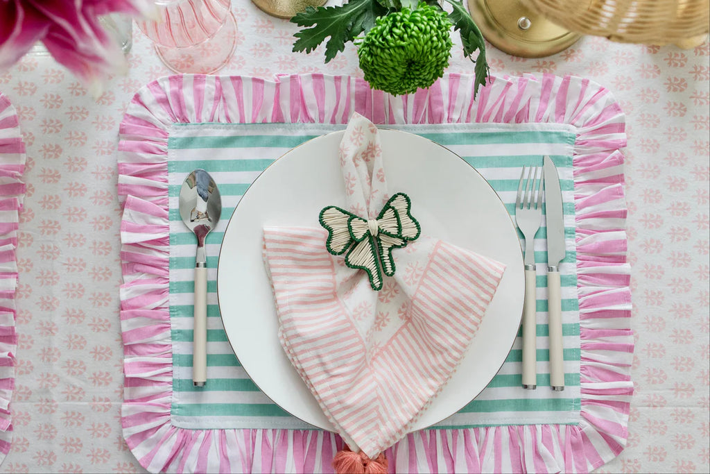 STRIPED COTTON PLACEMATS WITH FRILLS (GREEN WITH PINK) SET OF 4
