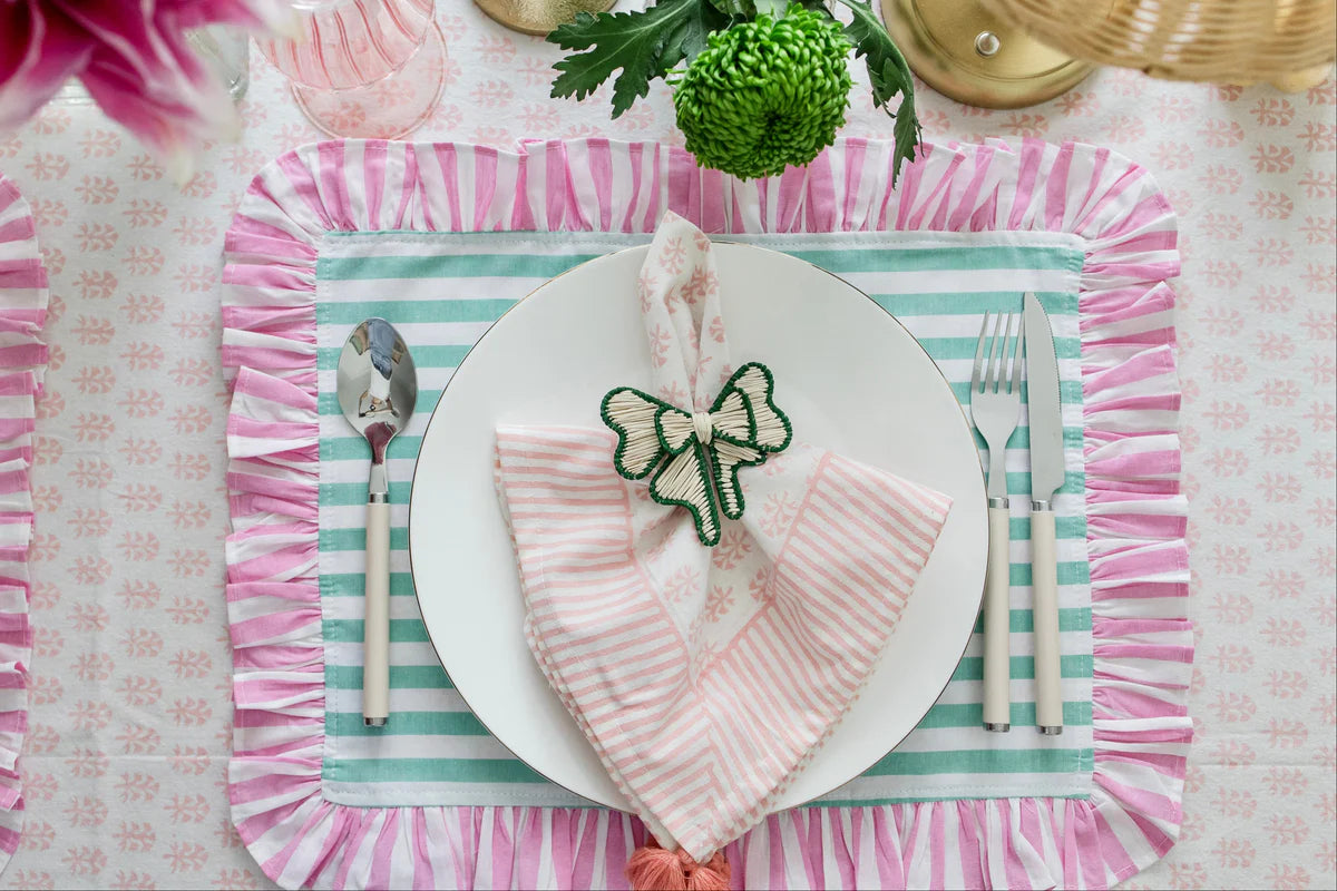 STRIPED COTTON PLACEMATS WITH FRILLS (GREEN WITH PINK) SET OF 4