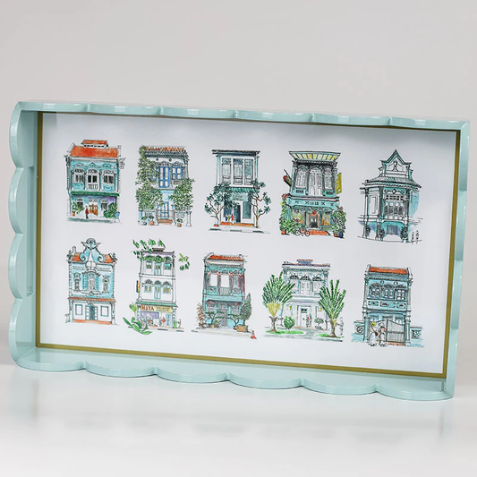 Singapore Themed Turquoise Scallop Lacquer Tray - Turquoise Shophouses