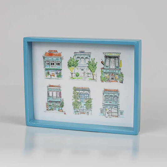 Singapore Themed Turquoise Lacquer Trinket Tray - Turquoise Shophouses