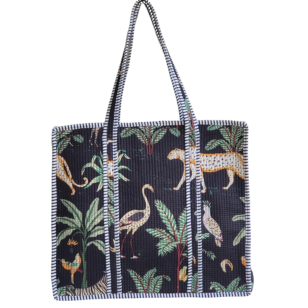 Jungle Block Print Cotton Tote Bag