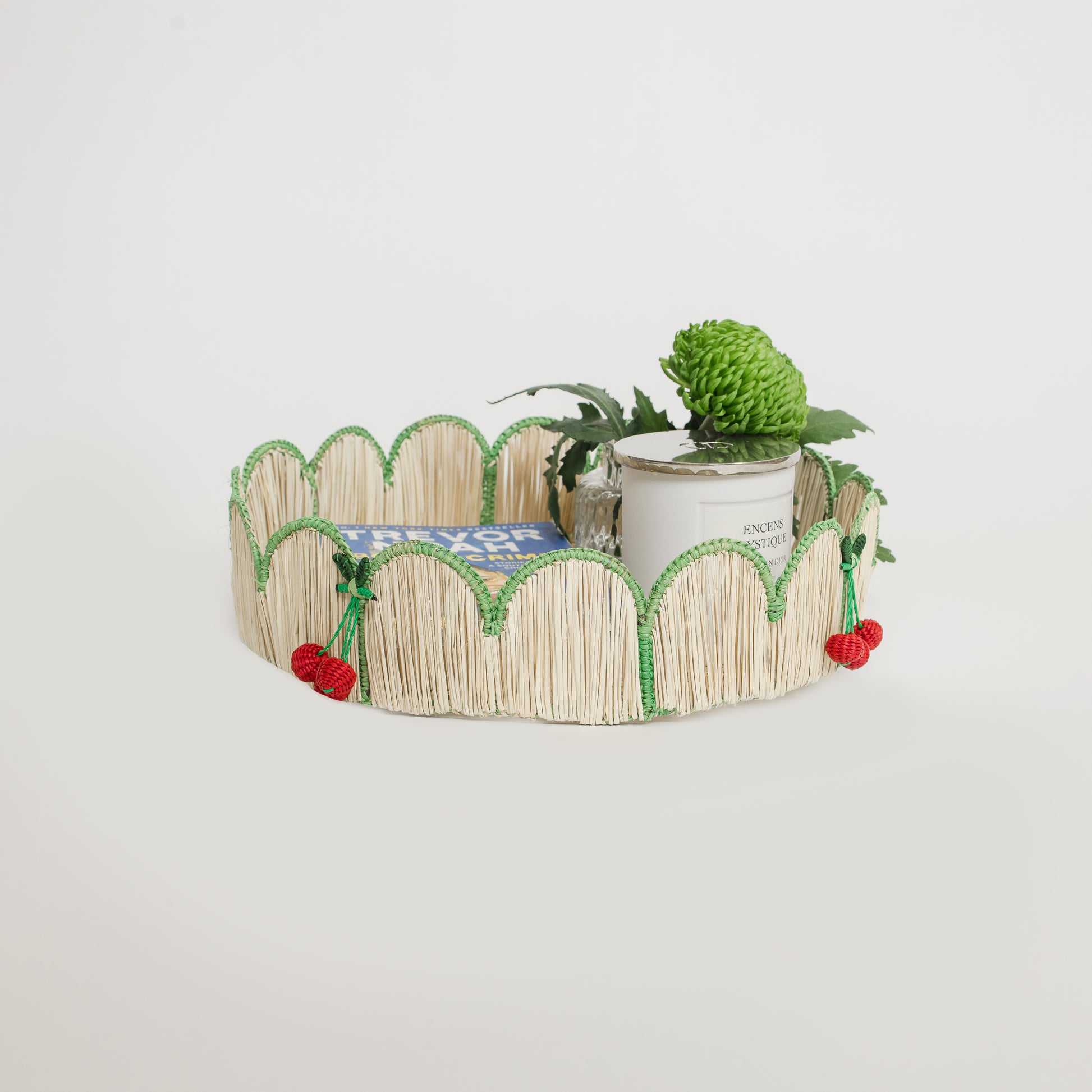 Iraca Palm Round Scallop Tray with Cherries