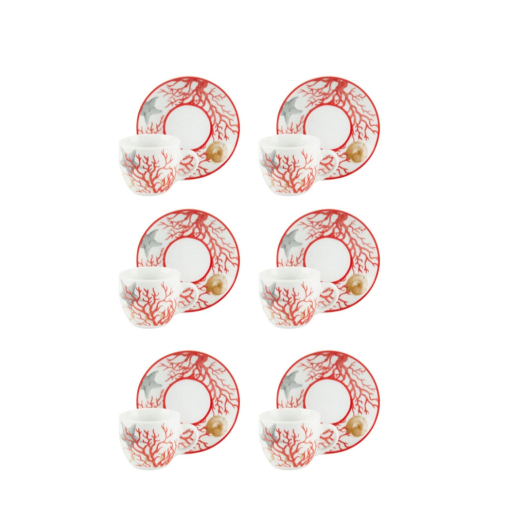 Coral Set of 6 Coffee Cups with Saucers