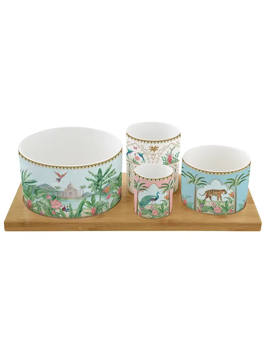 Appetizer Set with Four Round Bowls on Bamboo Tray