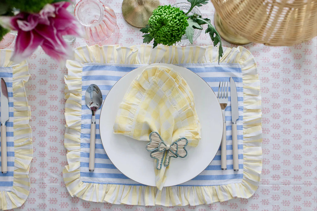 STRIPED COTTON PLACEMATS WITH FRILLS (BLUE WITH YELLOW) SET OF 4