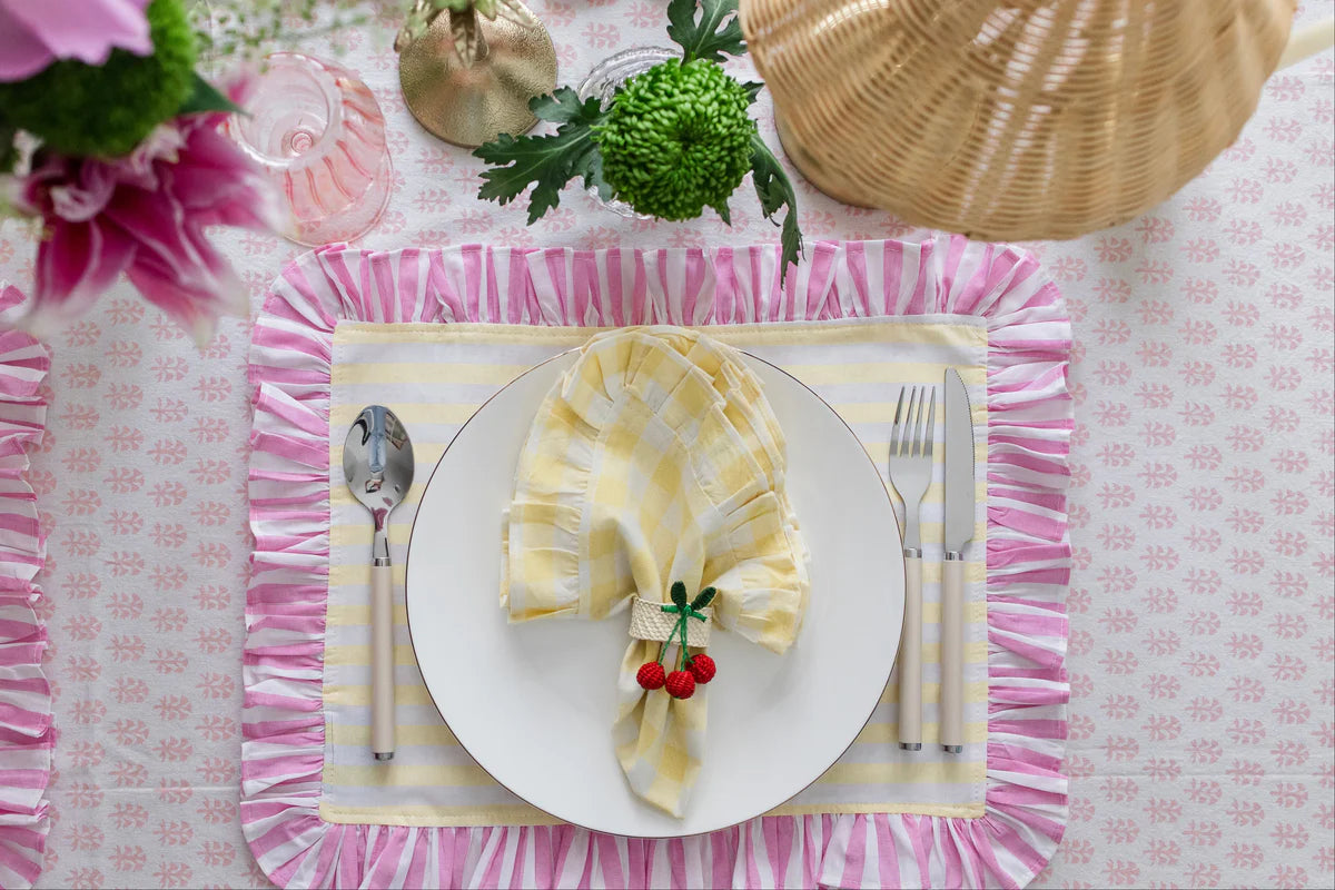 STRIPED COTTON PLACEMATS WITH FRILLS (YELLOW WITH PINK) SET OF 4