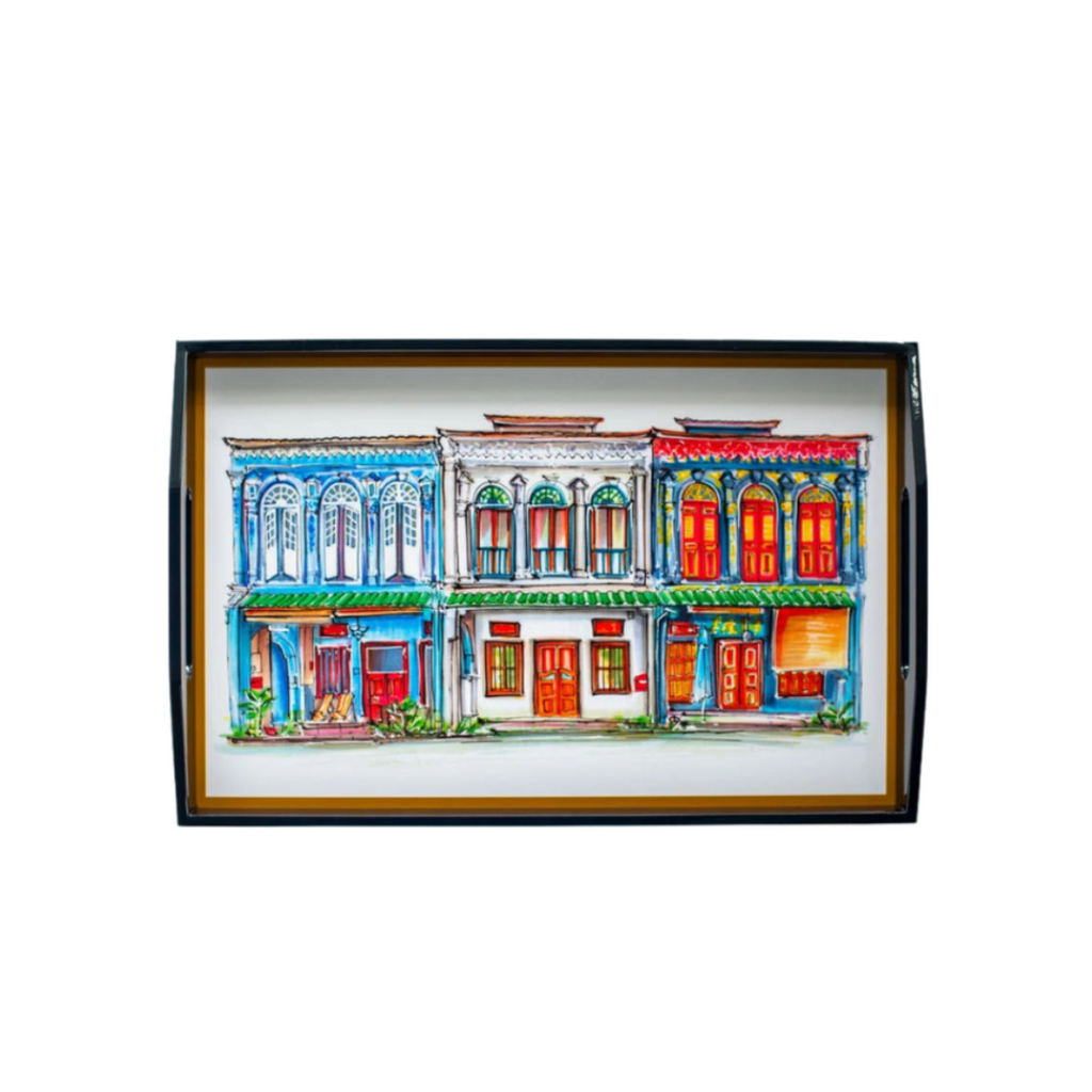 Singapore Themed Lacquer Trays - Blue Emerald Hill